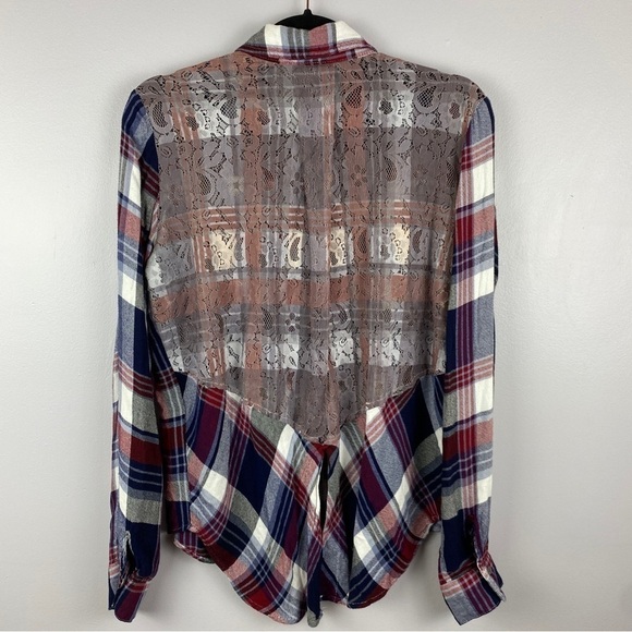SAM Edelman Riley Blue Red Plaid Lace Back Button Down Shirt Medium - Picture 6 of 15